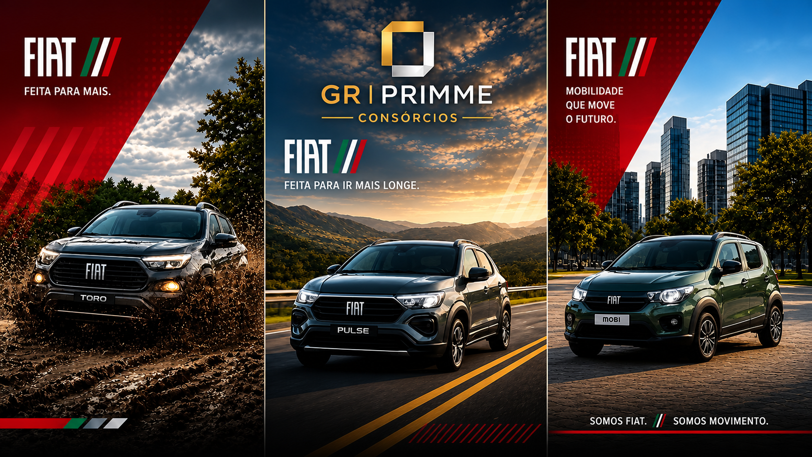 Campanha Fiat e GR Primme Consórcios com os modelos Toro, Pulse e Mobi